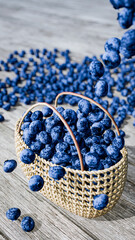 Many blueberries poured into a woven basket fell onto the wooden table. Fresh berry fruits. Agricultural fruit picking. 3d rendering.