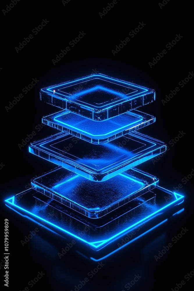Poster futuristic transparent layered technology visualization with neon blue light effects on a black back