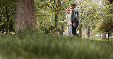 Smile, love and walking with old couple in park for retirement, happiness and wellness. Support,...