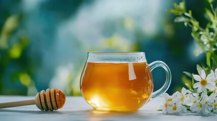 Delicious chamomile tea with honey, surrounded by delicate flowers, perfect for relaxation and soothing moments.