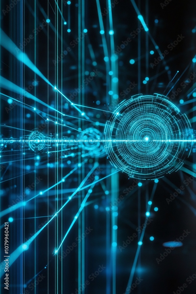 Poster high-tech abstract background with glowing blue circles and dynamic line patterns representing data 