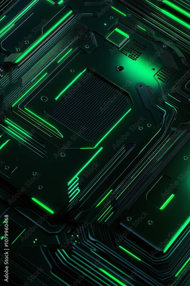 Poster high-tech circuit board with green neon lights showing modern electronic components in an abstract d