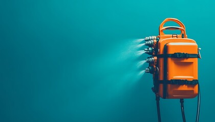 Orange Machine with Multiple Nozzles Spraying Water on Teal Background