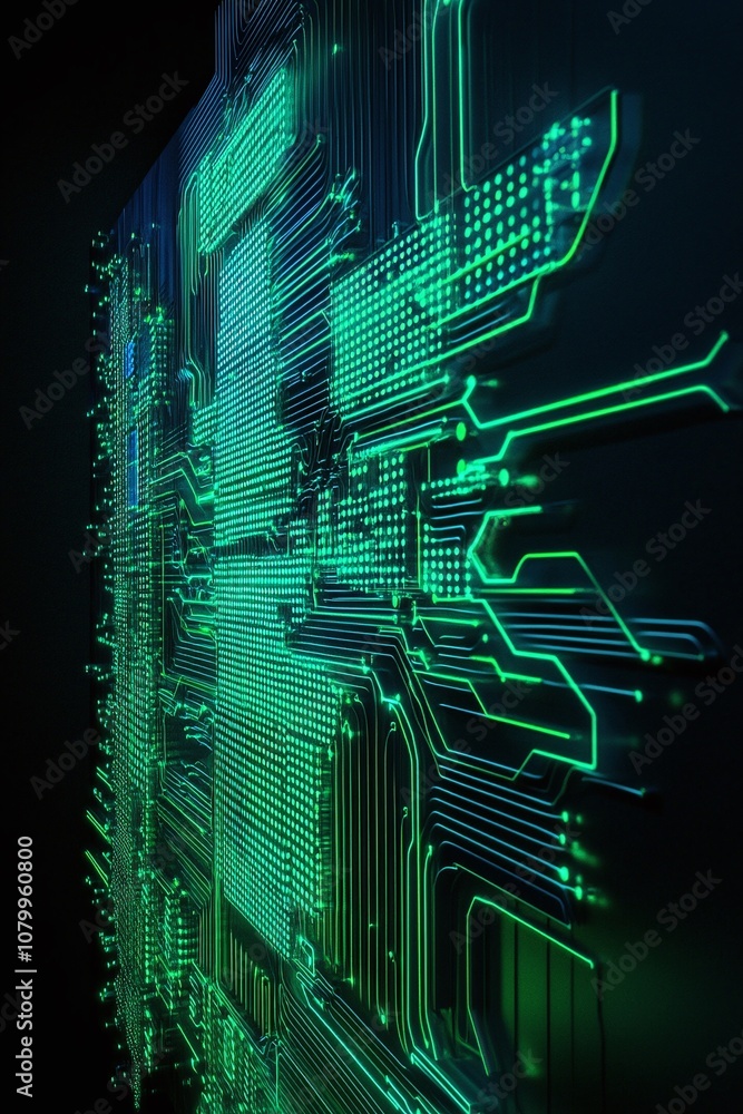Poster intricate digital circuit board design glowing in green light creating a futuristic technology aesth