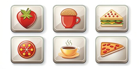 A Collection of Six Colorful Food Icons Depicting a Strawberry, a Cup of Coffee, a Sandwich, a Pizza, and Two More Coffee Cups
