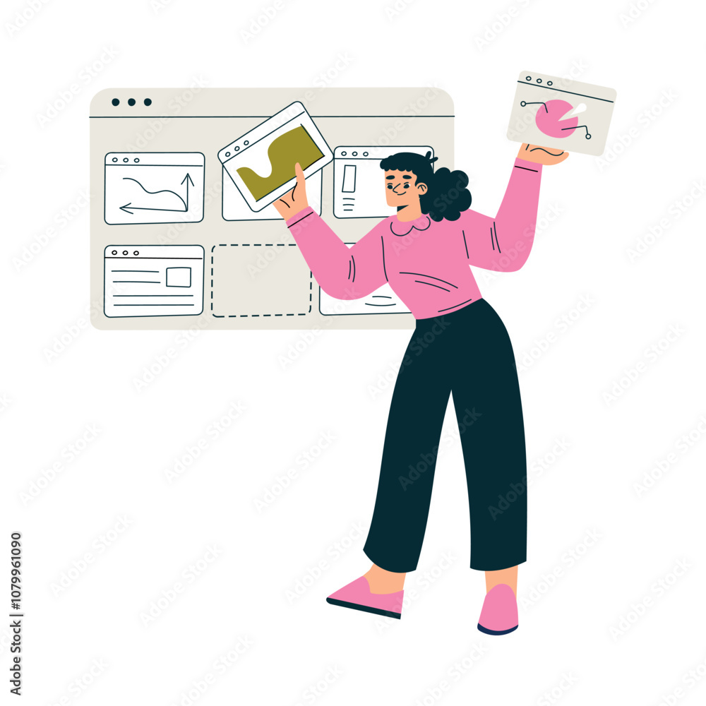 Poster productive workflow with woman with window screen managing task vector illustration