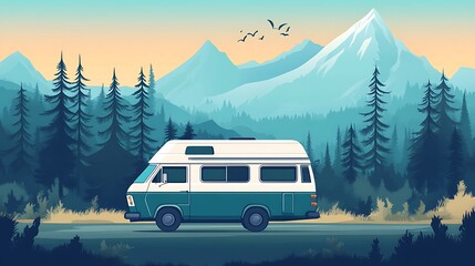 A Vintage Camper Van Parked in a Mountainous Forest Setting