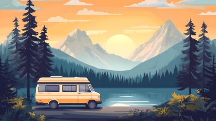 A yellow van parked by a lake in a mountain landscape with sunset