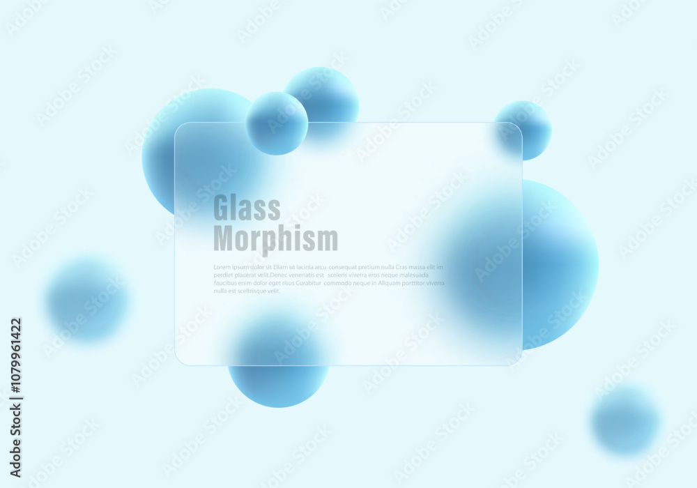 Aufkleber glass morphism website landing page template. frosted glass partition with floating spheres.