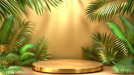 Obraz premium Golden Platform Surrounded by Lush Palm Leaves with Sunlight