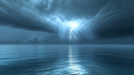 A single lightning bolt piercing through dark storm clouds in a dramatic night sky