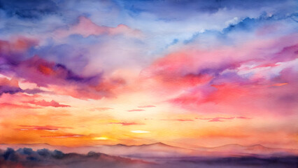 Obraz premium Watercolor sunset background, soft gradient of warm pinks, purples, and oranges, romantic evening, capturing the warmth of Valentine’s Day, with copy space