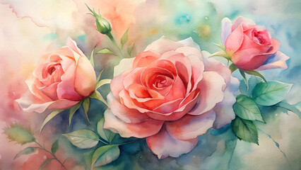 Fototapeta premium Watercolor roses background, delicate red and pink roses, soft green leaves, symbolizing love and passion