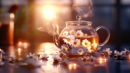 Steaming flavorful chamomile tea with floating petals, inviting relaxation and soothing moments in every sip.