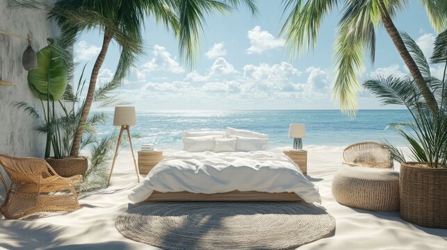 A cozy bedroom with a white bed and a beach view, decorated with wicker furniture and tropical plants.
