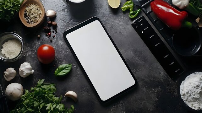 A blank smartphone screen lying on a kitchen counter with cooking ingredients around, for recipe or meal-planning app presentations