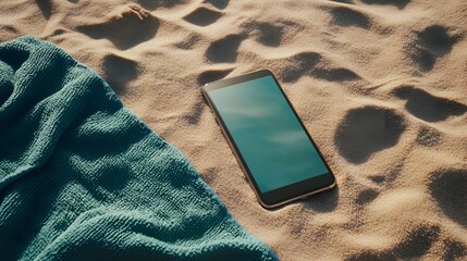 A blank smartphone screen on a beach towel with sand and ocean in the background, ideal for summer-themed app previews. 