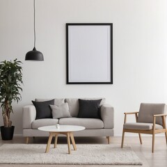 empty picture frame on wall of a modern living room with sofa