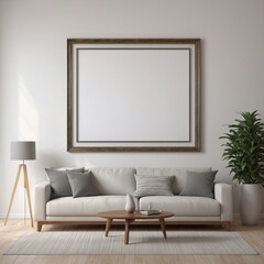 empty picture frame on wall of a modern living room with sofa