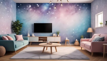 Scandinavian living room interior design zoom background,Doodle patterned wallpaper graphics