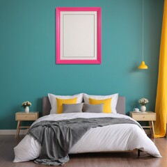 empty picture frame on wall of a modern colourful bed room 