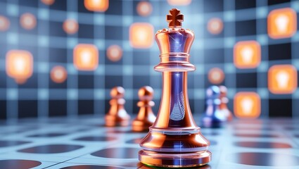 king piece stands against a backdrop of interconnected blue digital lines, symbolizing strategic thinking