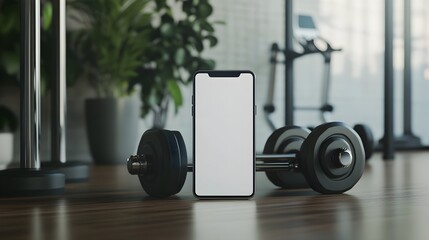 Obraz premium A blank smartphone screen placed on a workout bench beside dumbbells, ideal for fitness or health app mockups.