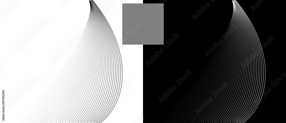 Poster Modern abstract background. Halftone squares as design element. Black shape on a white background and the same white shape on the black side.