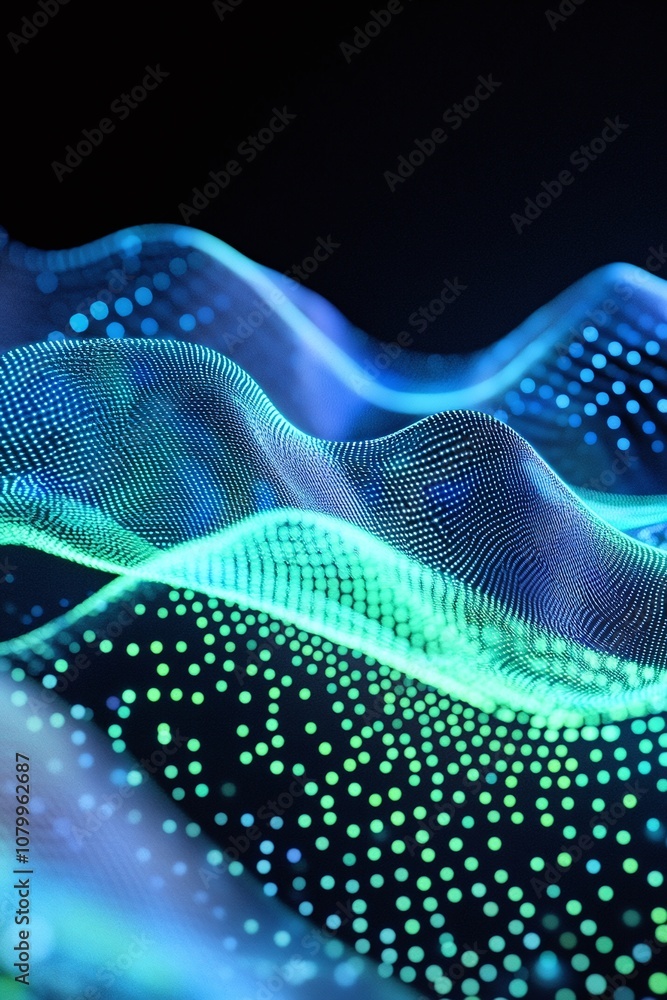 Poster vibrant abstract digital waves with blue and green dots creating a fluid motion aesthetic for techno