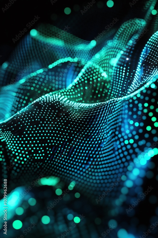 Poster vibrant abstract digital waves with glowing dots in blue and green colors, illustrating depth and mo