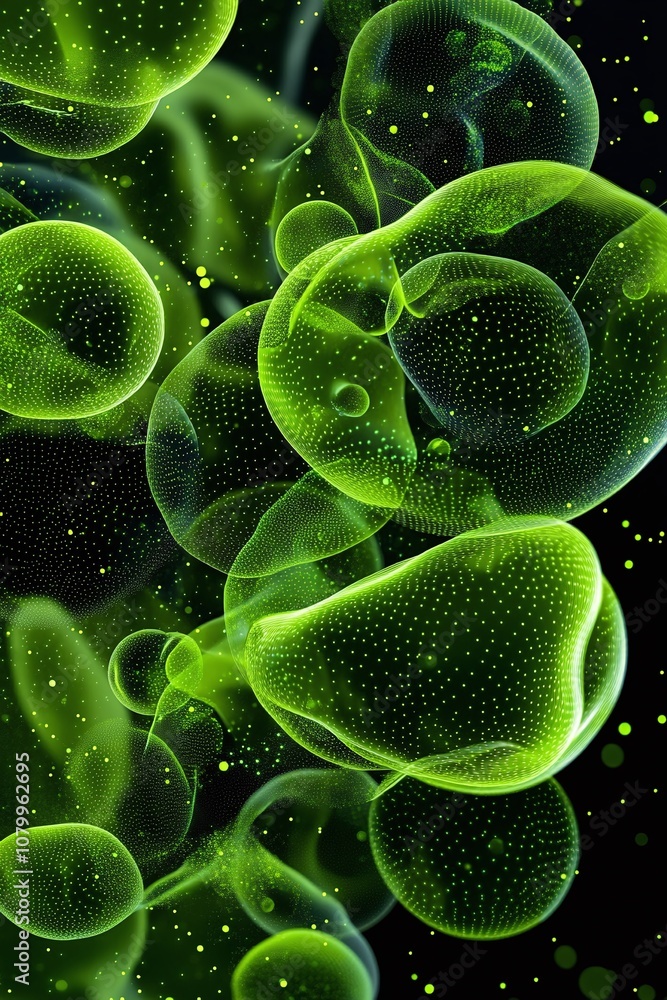 Poster vibrant abstract green bubbles on black background illustrating cell structures and molecular patter