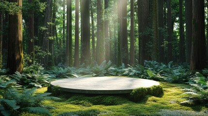 Stone Platform in a Lush Forest with Sunlight Streaming Through the Canopy