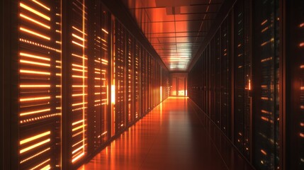 Fototapeta premium A massive data center filled with racks of servers stretching into the distance, the soft hum of cooling fans and the glow of status lights illuminating the room