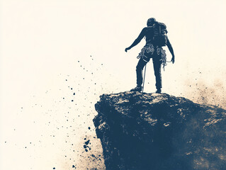 Mountaineer or rock climber with equipment backpack stands on crumbling rock. Hand draw sketch illustration isolated on white background