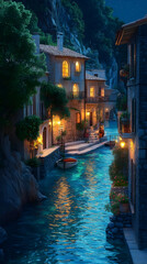 Illustration - Serene Night at the Canal Town