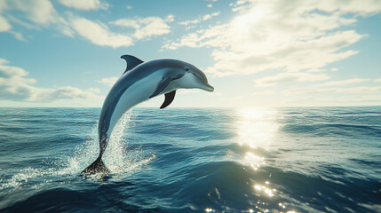 Obraz premium A realistic dolphin jumping out of the water, with a clear blue sky and the sun shining on it