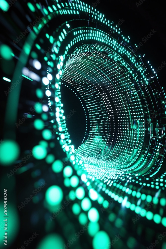 Poster vibrant digital tunnel with circulating green lights creating an abstract and futuristic visual expe