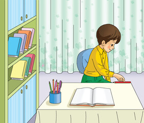 Little boy measuring the length of his desk with a pencil.