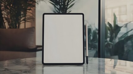 A blank tablet screen in portrait mode with a stylus on a marble table, great for digital drawing or design app displays