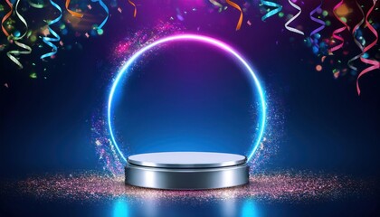 Prize Stage Featuring Silver Award Podium and Neon Light Round Frame for Product Showcase