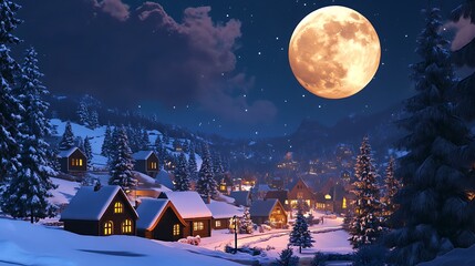 A snowy village at night, lit by warm lights, with a large, orange moon. Christmas day celebrating