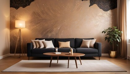 Scandinavian living room interior design zoom background,Doodle patterned wallpaper graphics