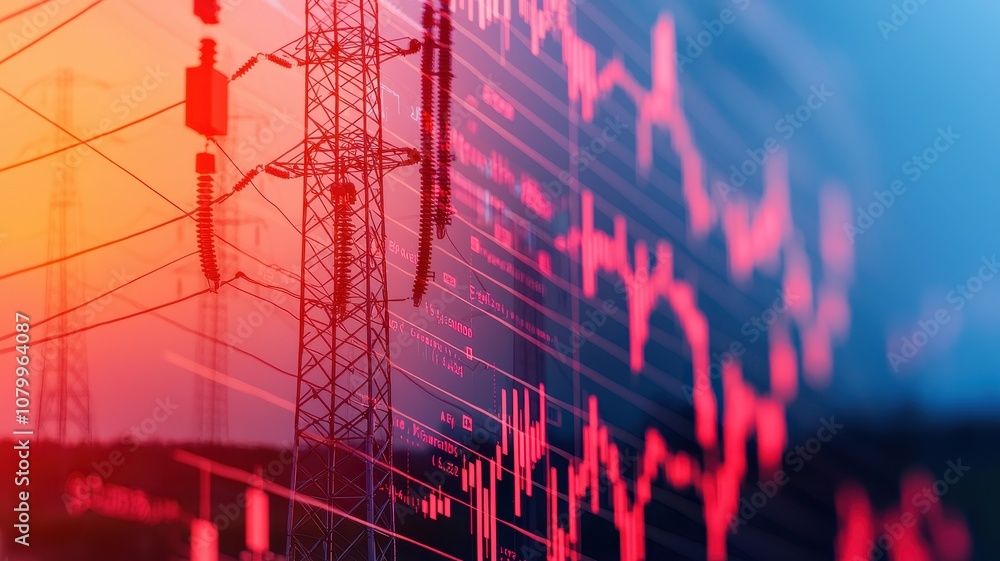 Poster an abstract representation of power lines and graphical data, symbolizing energy transmission and da