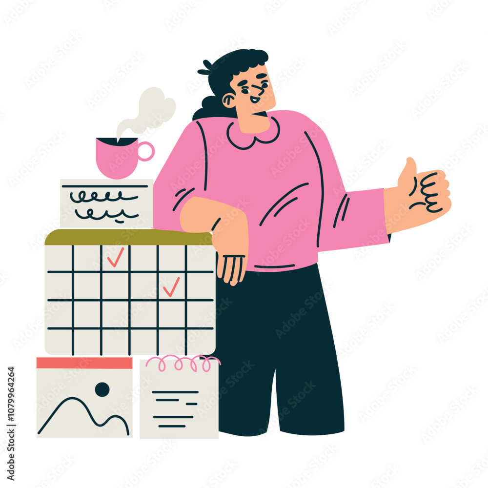 Poster productive workflow with woman at calendar show thumb up managing task vector illustration