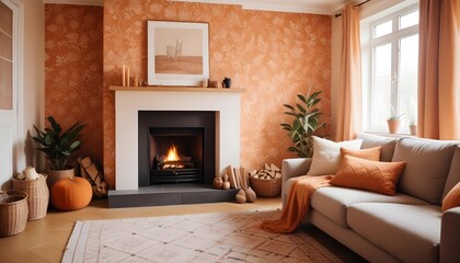 Fototapeta premium Scandinavian living room interior design zoom background,Doodle patterned wallpaper graphics