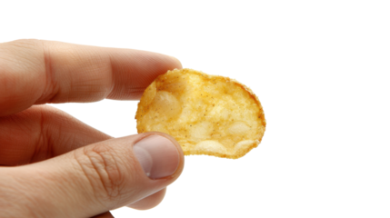 Hand holding potato chip on white transparent background
