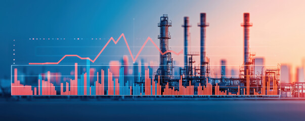 Naklejka premium A stylized industrial landscape featuring smokestacks and data graphs, symbolizing energy production and market trends at sunrise.