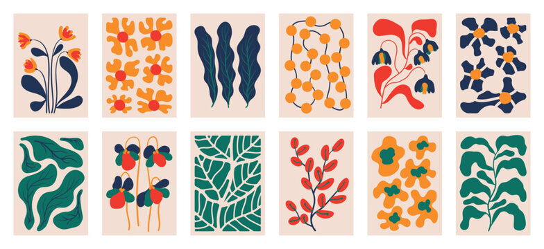 Botanical doodle background art vector set. Flower and leaves abstract shape doodle art design for print, wallpaper, clipart, wall art for home decoration.