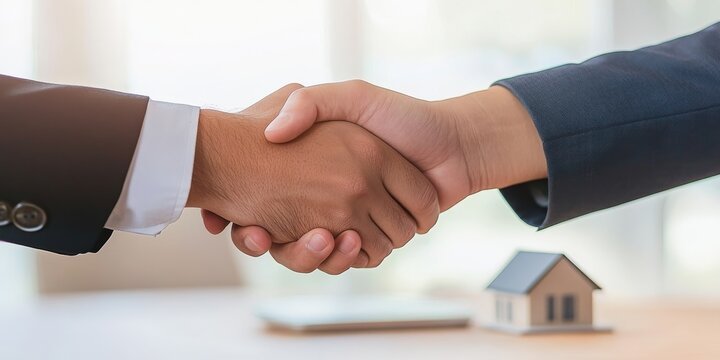 Two business people shake hands, symbolizing an agreement or partnership, with a small house model in the background, indicating a real estate transaction.