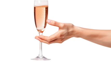 Hand holding pink champagne wine glass on white transparent background

